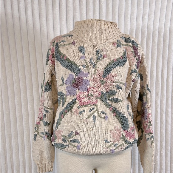 Jennifer Reed Sweaters - Vintage Whimsical cottagecore floral hand knit mock neck sweater S whimsical